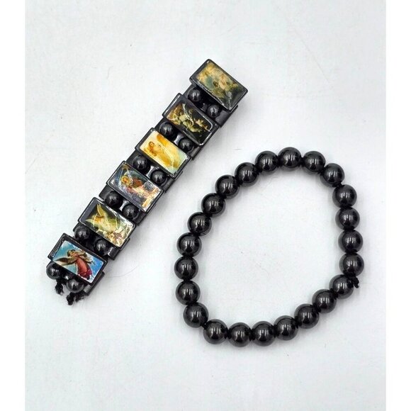 Vintage Religious Icon Angels Saints Beaded Hematite Bracelet Set of 2 - Picture 5 of 5